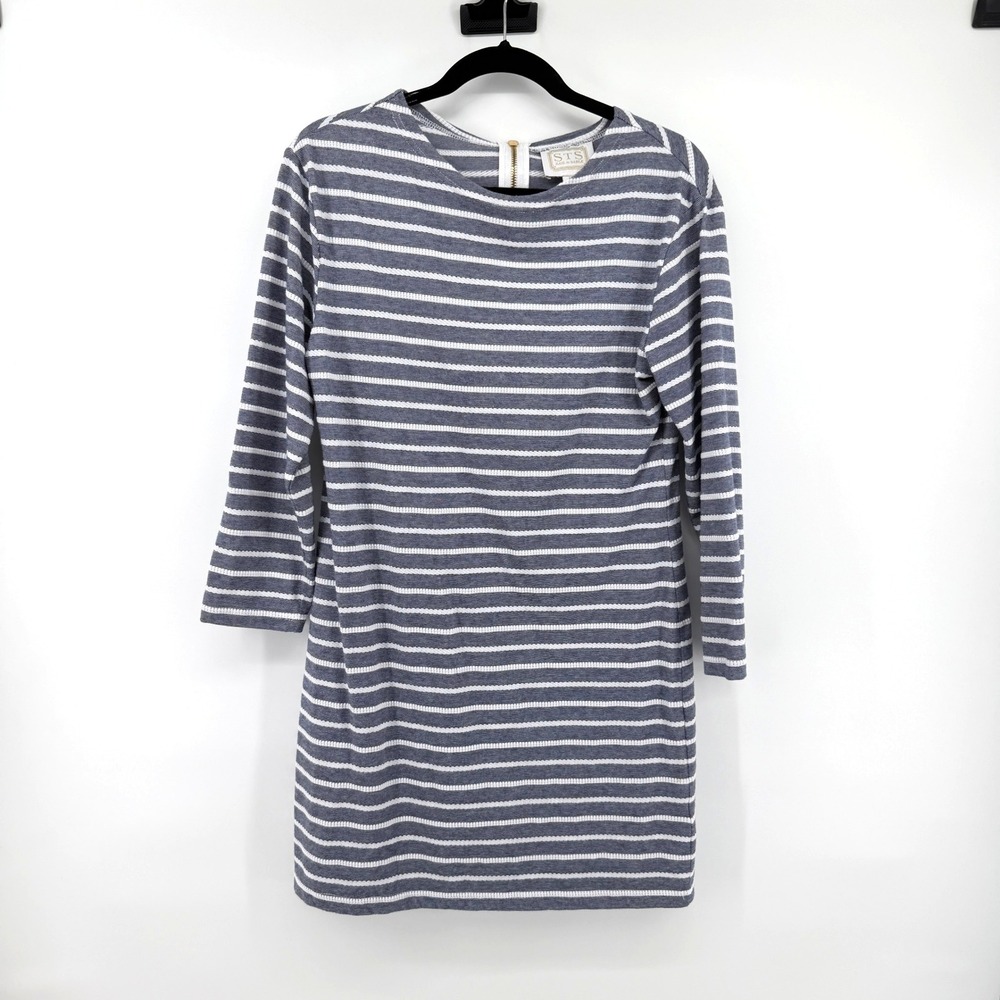 Sail To Sable Dress Striped Textured Knit Medium Blue Women Shift Nautical